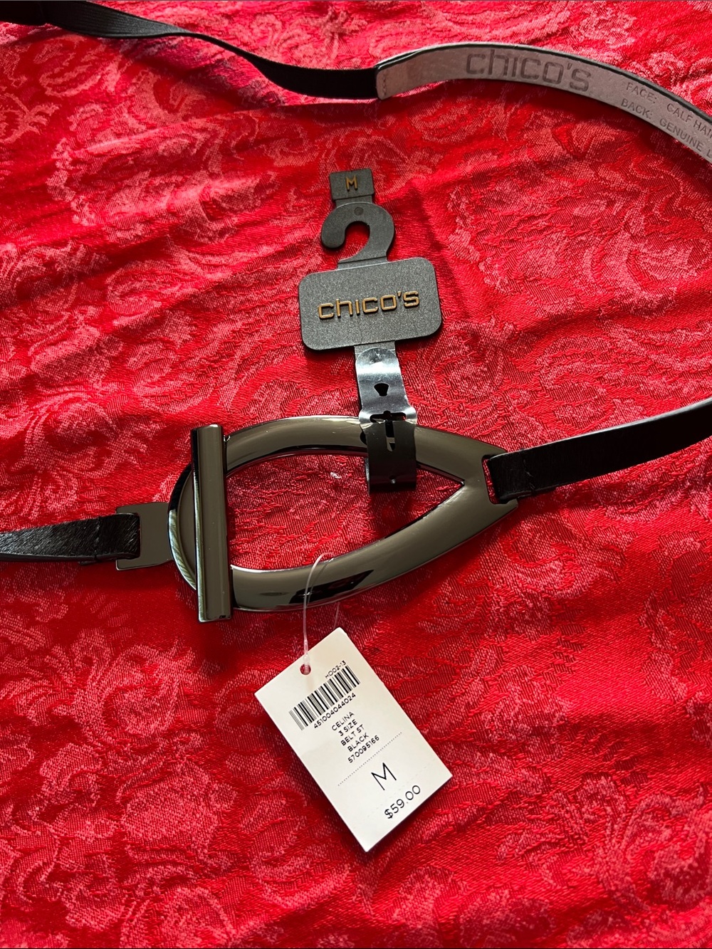 Chico’s Black Leather Elastic Belt Women’s Medium Gunmetal Buckle NWT